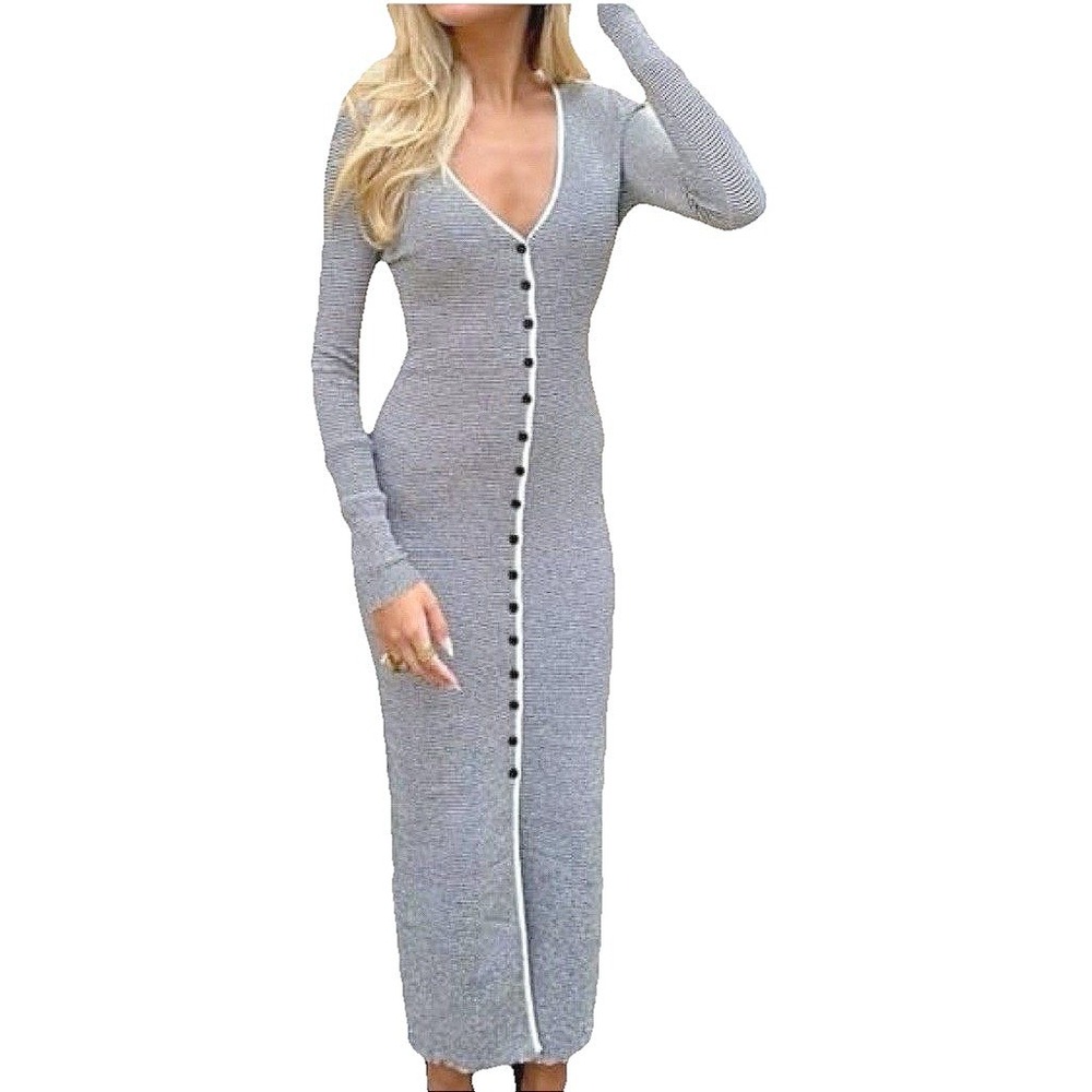 Zara Striped Ribbed Knit Button Down Maxi Dress Long Sleeve V-Neck Small NWT